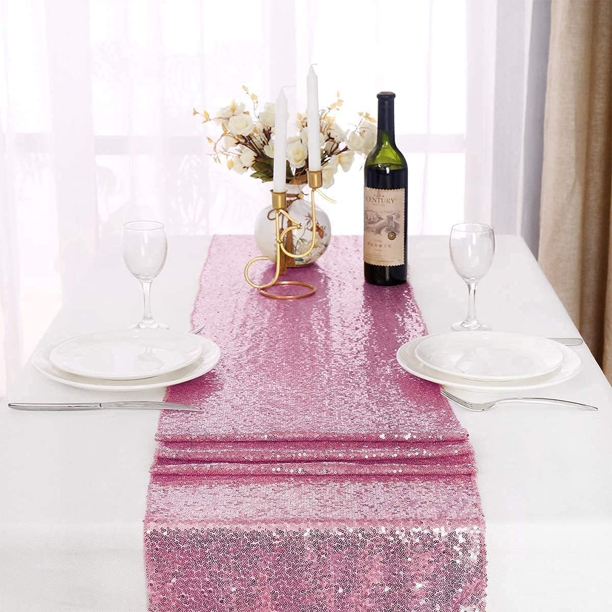 yuboo Pink Sequin Table Runners 12''x 108'' - 2 Pack Fabric Glitter Runner for Party Decorations