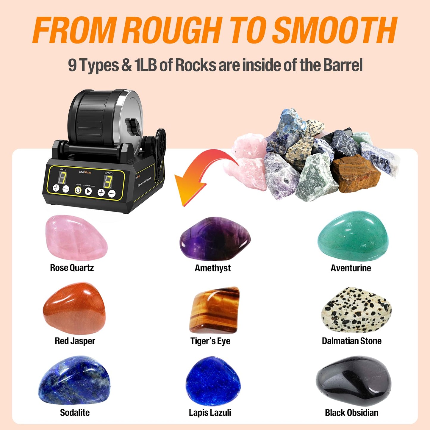 KoolStone C1 Rock Tumbler Kit - Large 2.5LB Rotary Rock Tumbler for Adults & Hobbyists, Quiet Rubber Barrel, Adjustable Timer & Speed, Complete Gem Polishing Kit with Memory Function