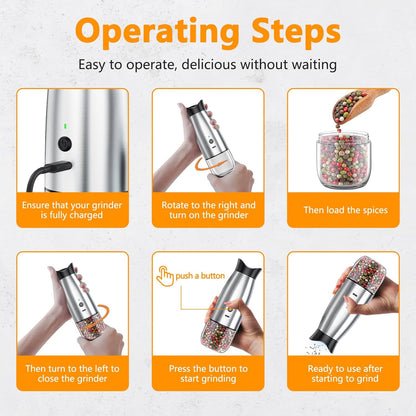 Set, Electric Salt and Pepper Grinder Rechargeable Automatic Pepper Mill Grinder with LED House Warming Gifts New Home