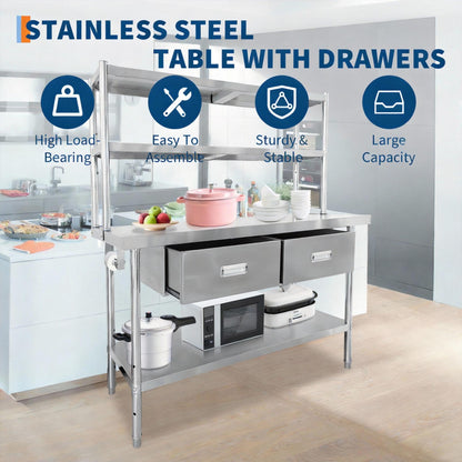 Stainless Steel Table with Shelves & Drawers, 48" x 24" Prep Table for Commercial Kitchen, Heavy-Duty NSF Work Tables Workbench with Adjustable Undershelf for Home Kitchen Restaurant Garage Warehouse