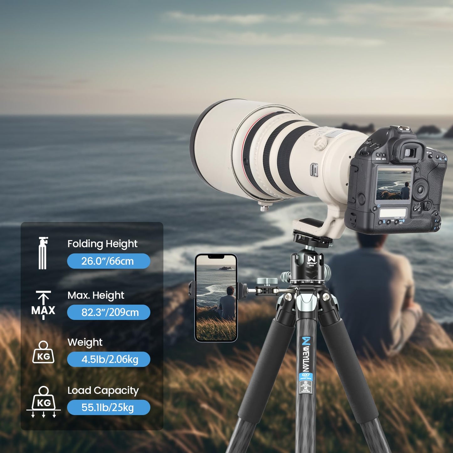 81'' Carbon Fiber Tripod for Camera WEYLLAN Heavy Duty Tripod Camera, 10-Layer Carbon Fiber Tube, 32.5mm Professional Tripod Leg with DSLR Ball Head for Camcorder Telephoto Lens, Max Load 20kg