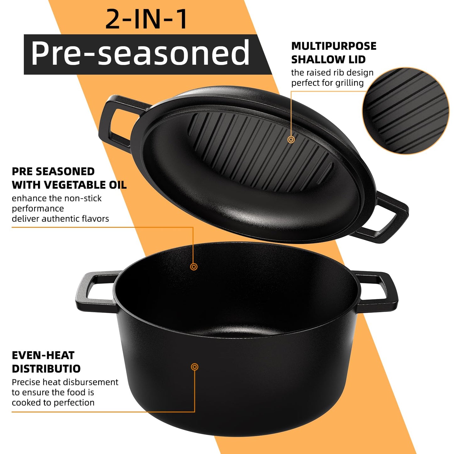 Cast Iron Dutch Oven Pot with Skillet Lid – Pre-Seasoned – Skillet Lid Cooking Pan– PFAS-Free –Umite Chef Cast Iron Skillet Cookware for Bread, Frying, Baking – Dual Handles – Oven, Grill, Campfire & Stovetop Safe – Durable & Non-Toxic, 5QT