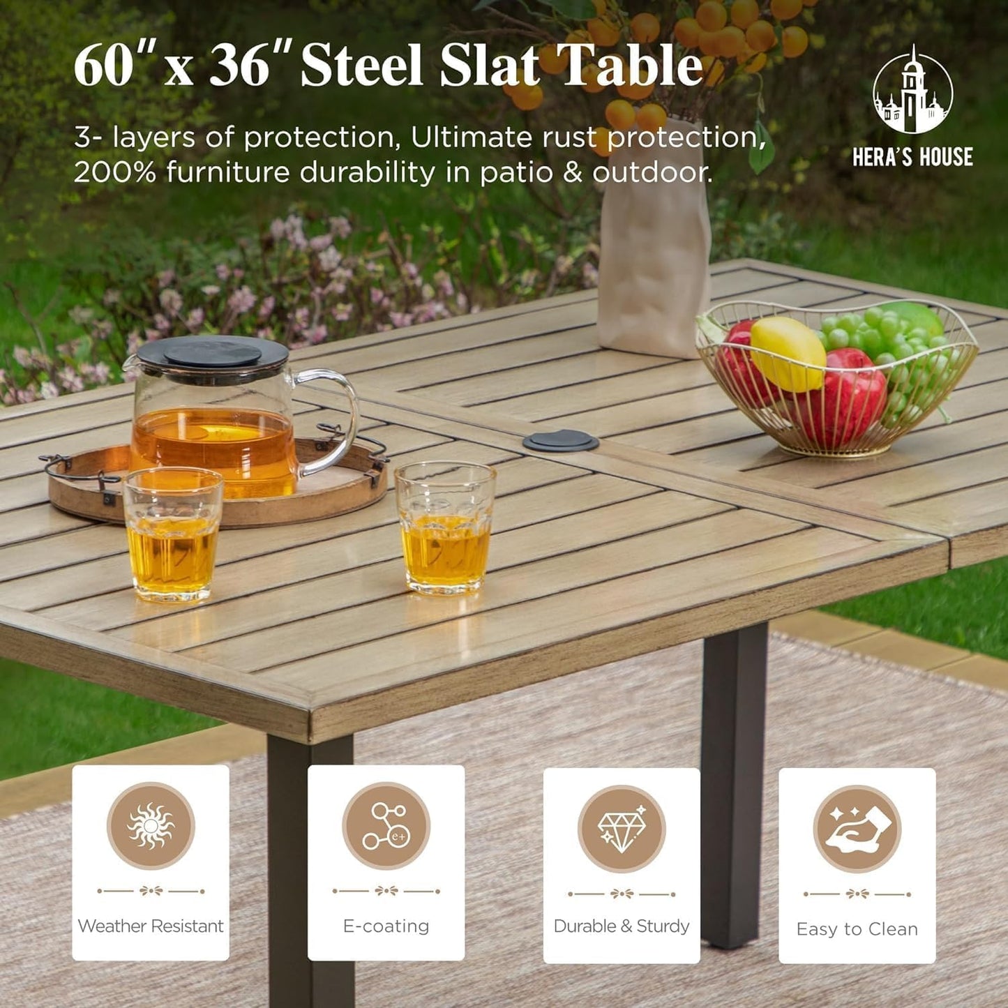 HERA'S HOUSE Patio Table and Chairs for 6, 7 Pieces Outdoor Deck Dining Sets, Wood-Like Rectangular Metal Table Set with Chairs for Lawn Garden Backyard, Brown