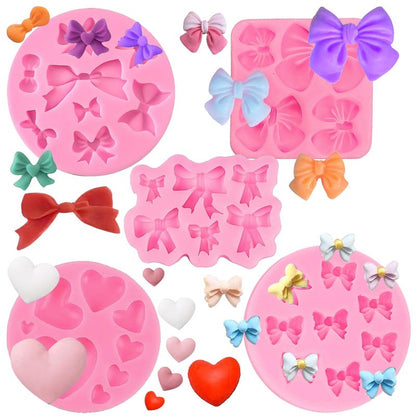 5 Pack Silicone Bow Fondant Mold Heart Silicone Molds Bowknot Cake Pop Mold Chocolate Candy Bow Molds for Birthday Wedding Party DIY Cake Decoration - Reusable Baking Tools Gift for Bakers