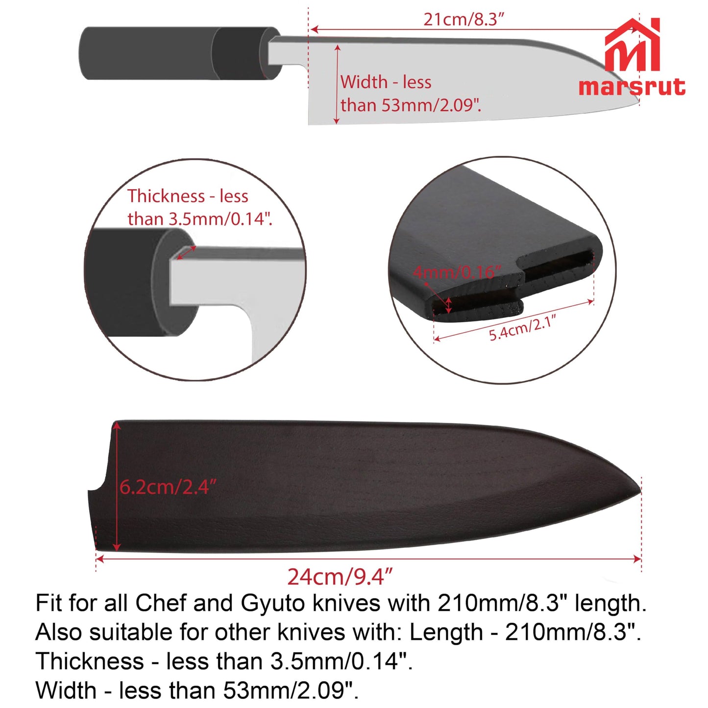 Knife Guard for 210mm/8 Inch Gyuto & Chef's Knife, Magnetic Wood Saya Sheath, Japanese Blade Case Protector Cover, Wear Resistant Classical Cutter Bag Sleeve for Kitchen, Camping Outdoor, Culinary