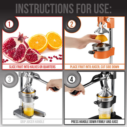 Eurolux Ultra-Premium Cast Iron Juicer | Extra-Large, Heavy Duty, Commercial Grade, Stainless Steel Manual Hand Press Citrus Squeezer For Fresh Orange Juice, Pomegranate, Lemon, and Much More (Gray)