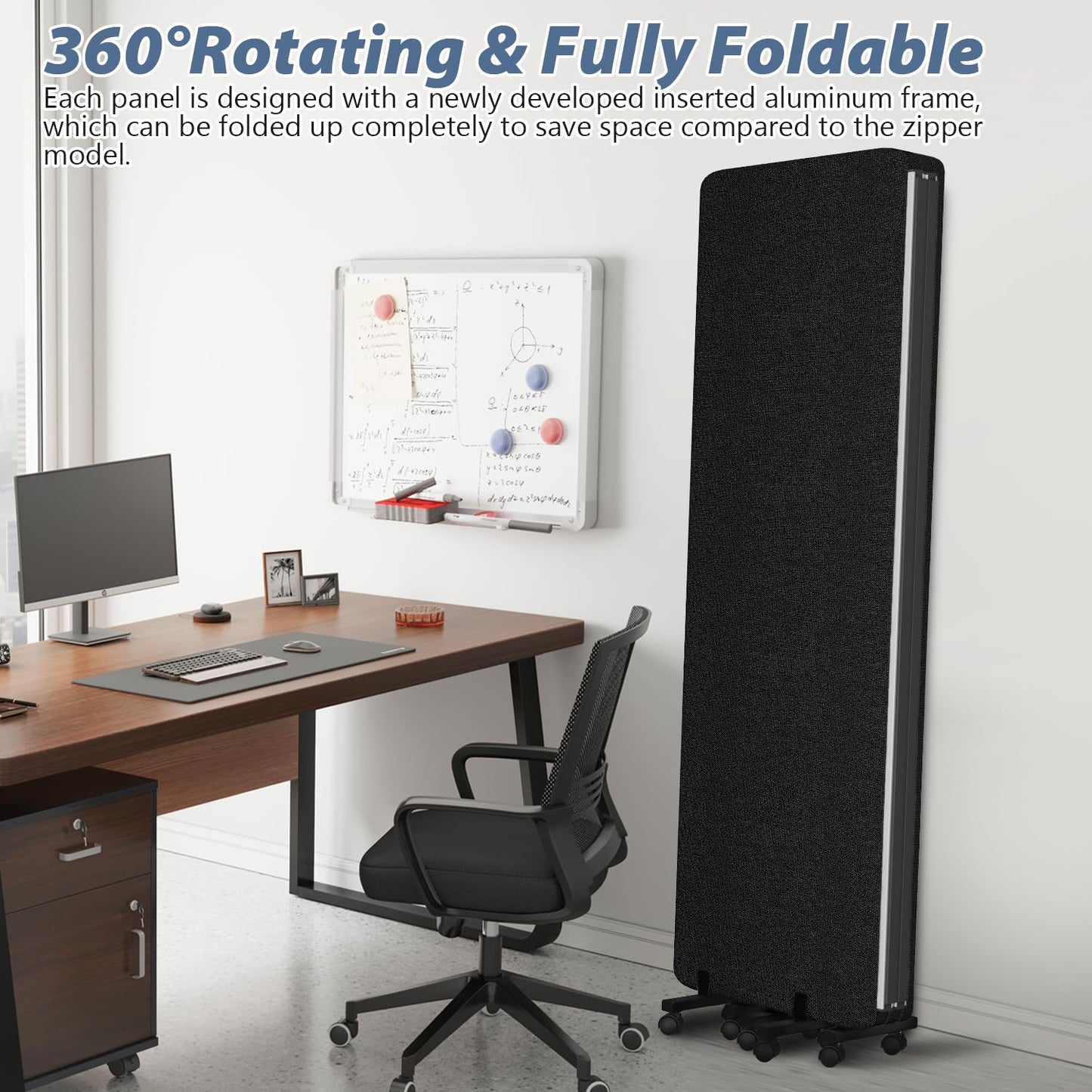 Room Divider Soundproof Privacy Panel with Wheel, 4 Panel-2Pack Wall Divider (Aluminum Frame) for Room Partition, Folding Room Dividers for Space Separation Office Cubicle Divider Separator, Black