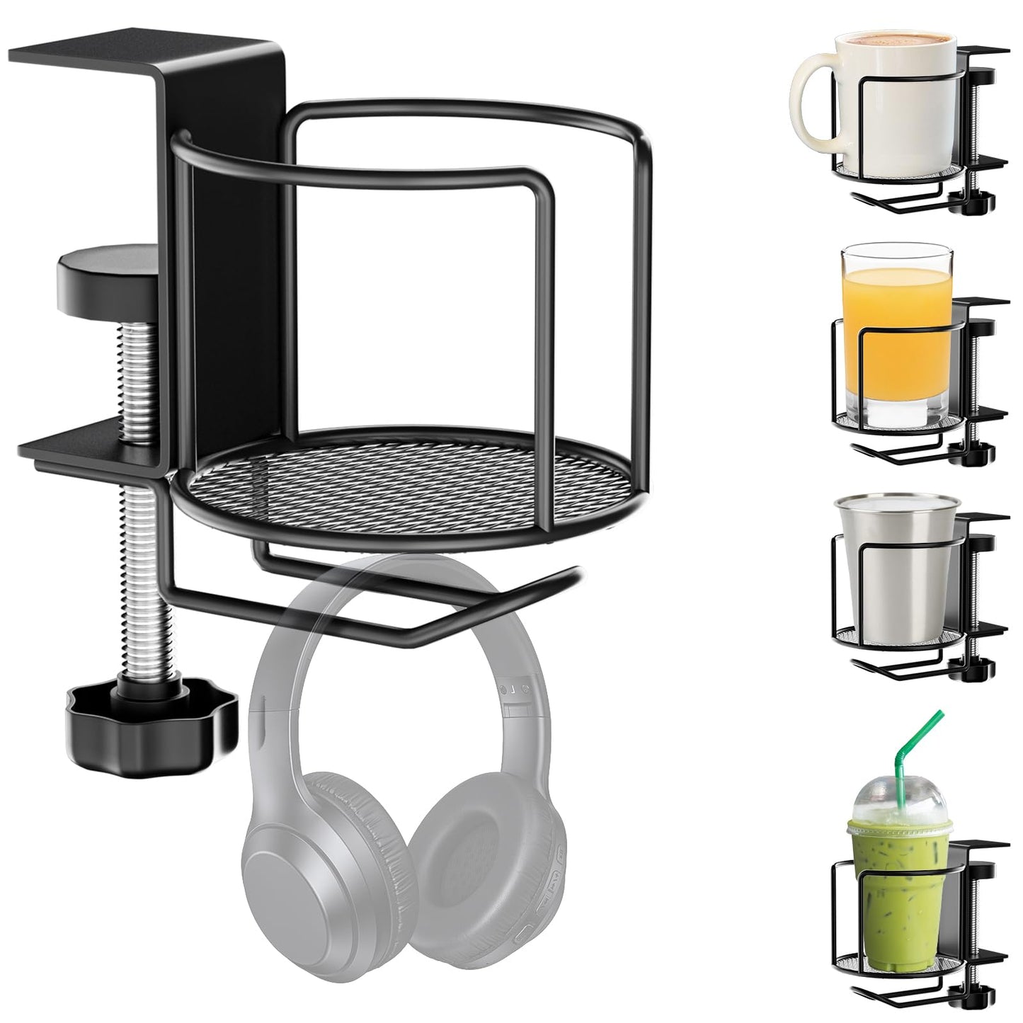 2-in-1 Desk Cup Holder with Headphone Hanger,Anti-Spill Table Water Bottle Holder,Clamp On Table Metal Drinking Holder,Compatible with Universal Cups/Bottles/Mugs/Cans/Tumblers/Thermoses/Glass,1Pack