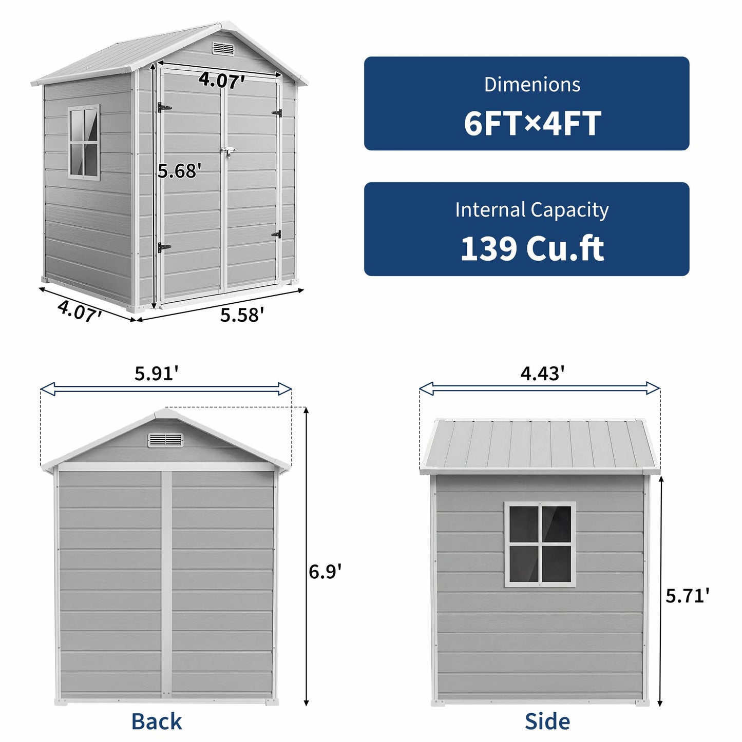 Outdoor Storage Shed with Floor, Plastic Resin Garden Shed with Window & Sloping Roof & Lockable Door for Patio Backyard Garden, Lawn Mower, Bike, Tool Storage (Light Gray, 6' X 4')