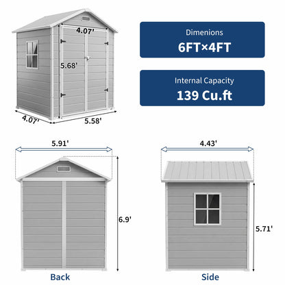 Outdoor Storage Shed with Floor, Plastic Resin Garden Shed with Window & Sloping Roof & Lockable Door for Patio Backyard Garden, Lawn Mower, Bike, Tool Storage (Light Gray, 6' X 4')