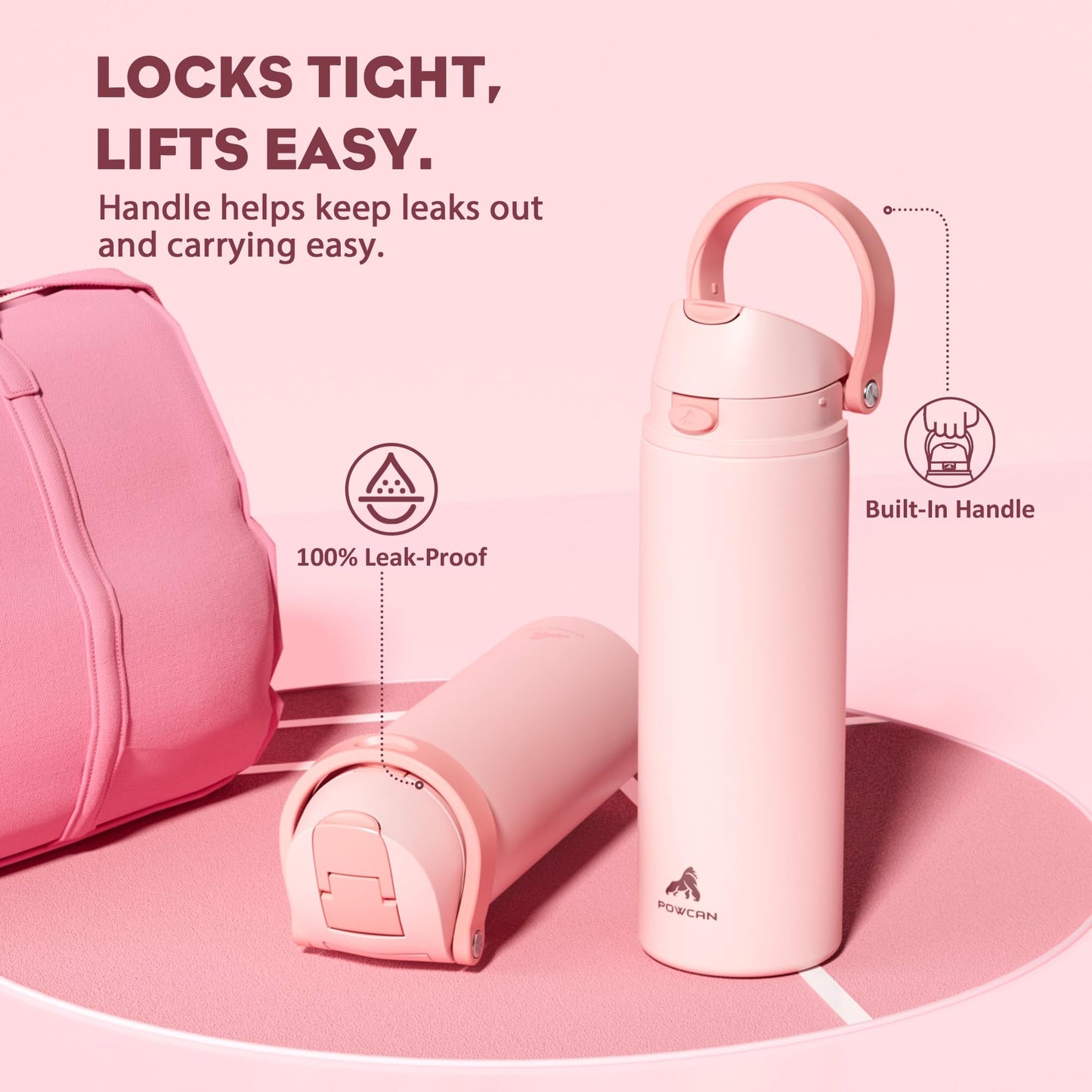 POWCAN 24 oz Insulated Water Bottle for Sports: 2-in-1 Lid with Push-Button Spout & Quick-Flip Straw, Leakproof, Car Cupholder Friendly, Stainless Steel for Gym, School, Travel (Cotton Candy)