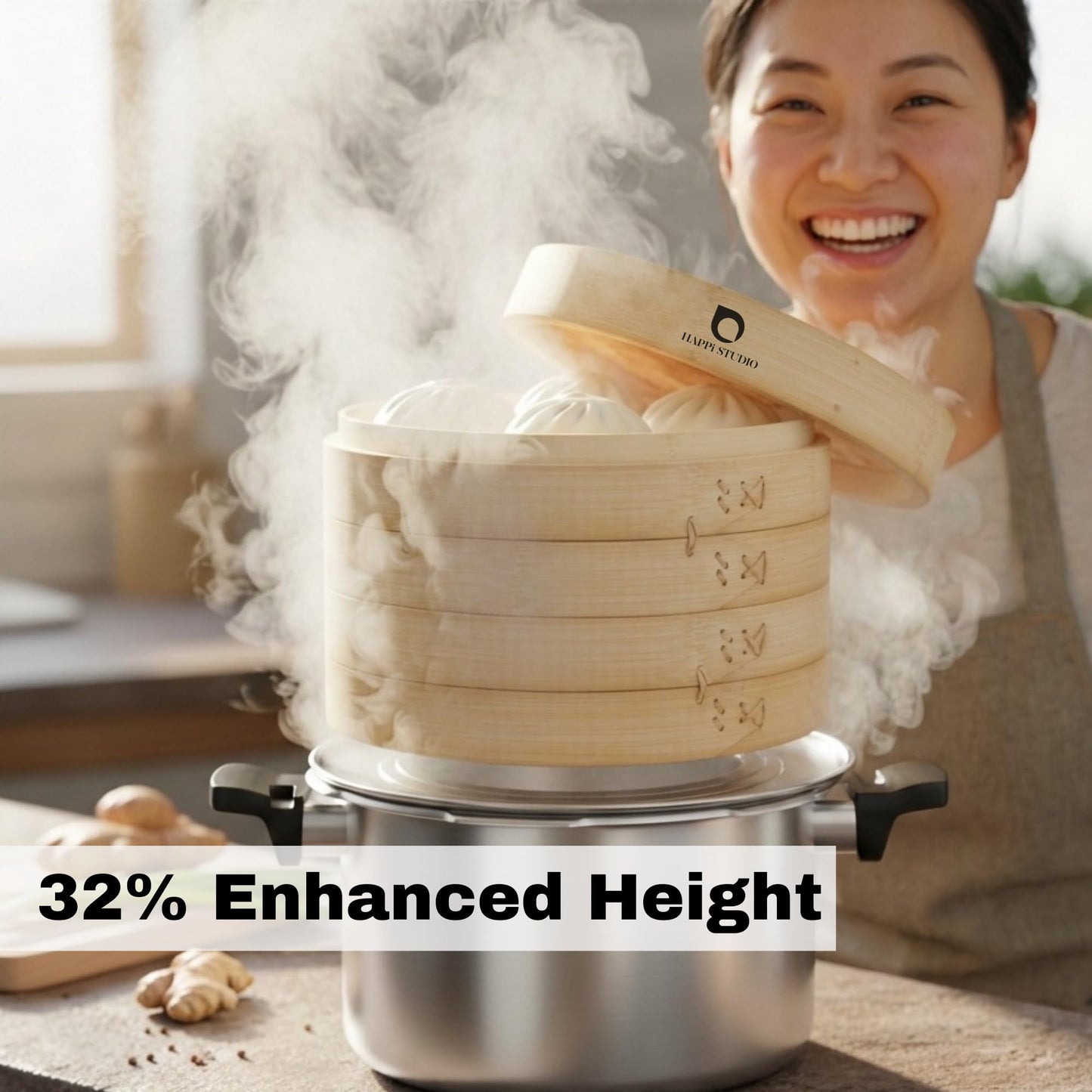 HAPPI STUDIO Bamboo Steamer Basket Set - 10 Inch Large Dumpling 2 Tier for Pots - Asian Cooking Dim Sum Bao Buns Momo Rice - Natural Chinese Steam Baskets Kit with Stainless Steel Ring (10-inch Extra Deep Bamboo Steamer w/ Ring)