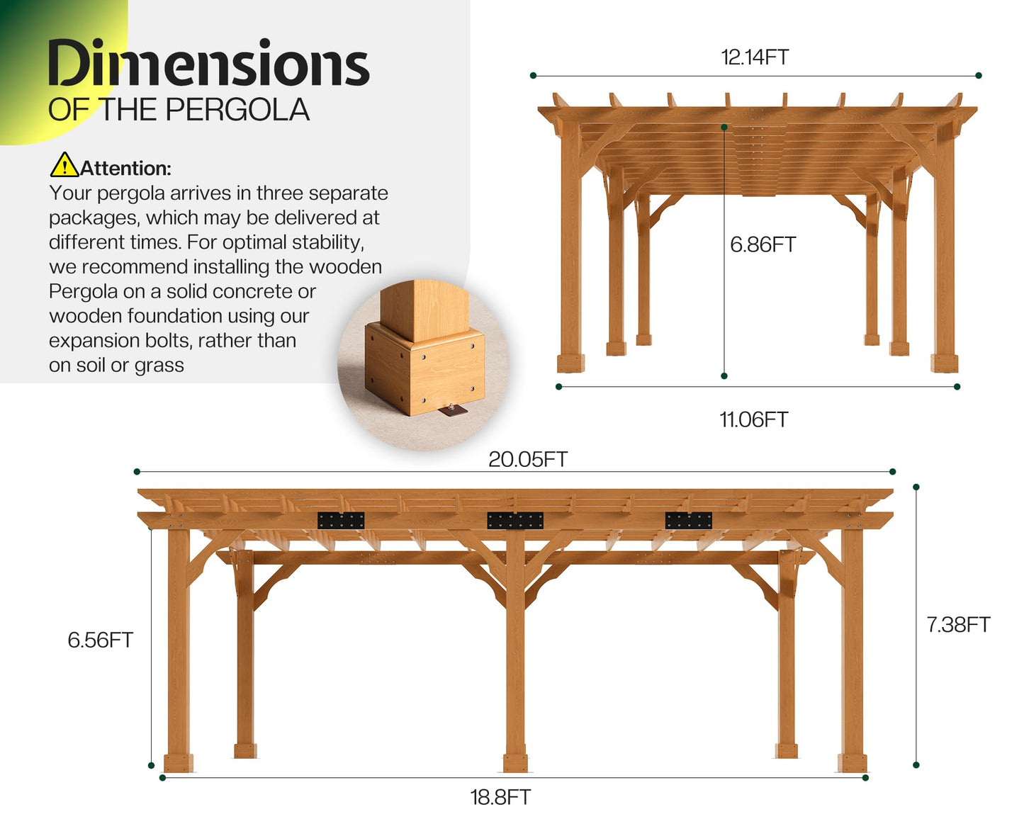 Jocisland 12x20 FT Premium Cedar Wood Pergola with Trellis Roof & Weather-Resistant Support, Outdoor Pergola Kit with Stakes, Garden Gazebo for Patio, Backyard & Events, Reddish-Brown