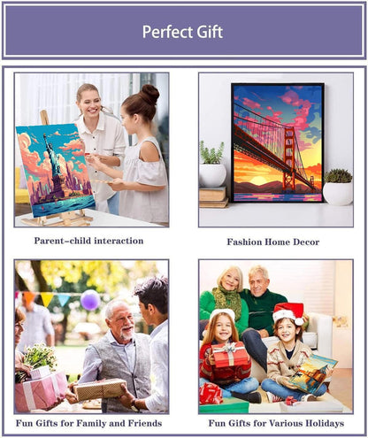 6 Pack Framed Paint by Numbers Kit for Adults Beginners with Wooden Easel,Scenery-Cityscape Easy Adults' Paint-by-Number Kits with Frame,DIY Number Painting Adults for Decor Present 8x12 inch
