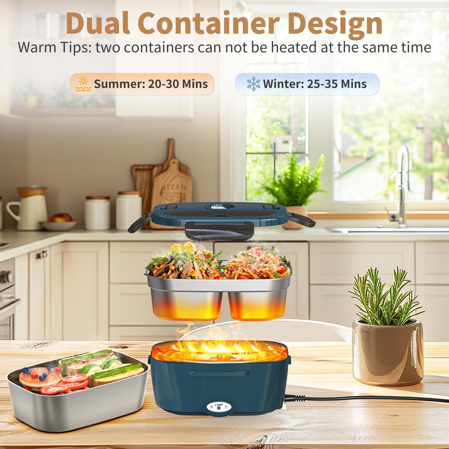 Vingud Electric Lunch Box for Adults, Heated Lunch Box for Men Women with Dual 1.5L SS Containers, Portable 80W Food Warmer for Car/Truck, Lonchera Eléctrica Portátil Christmas White Elephant Gift