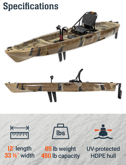 Upgraded Brooklyn 12.0 Single Pedal Kayak by BKC, Lightweight 12-Foot Sit-On-Top Pedal-Drive Kayak with Rudder, Stable Fishing & Touring Design, 440 lb Capacity, Storage Hatches