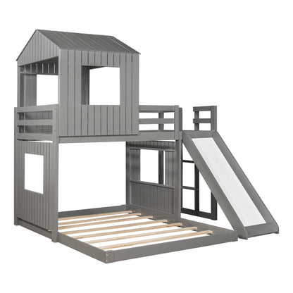 Twin Over Full Bunk Bed Frames with Slide, Safety Guardrails and Ladder for Teens, Girl or Boys, House Shape, Gray