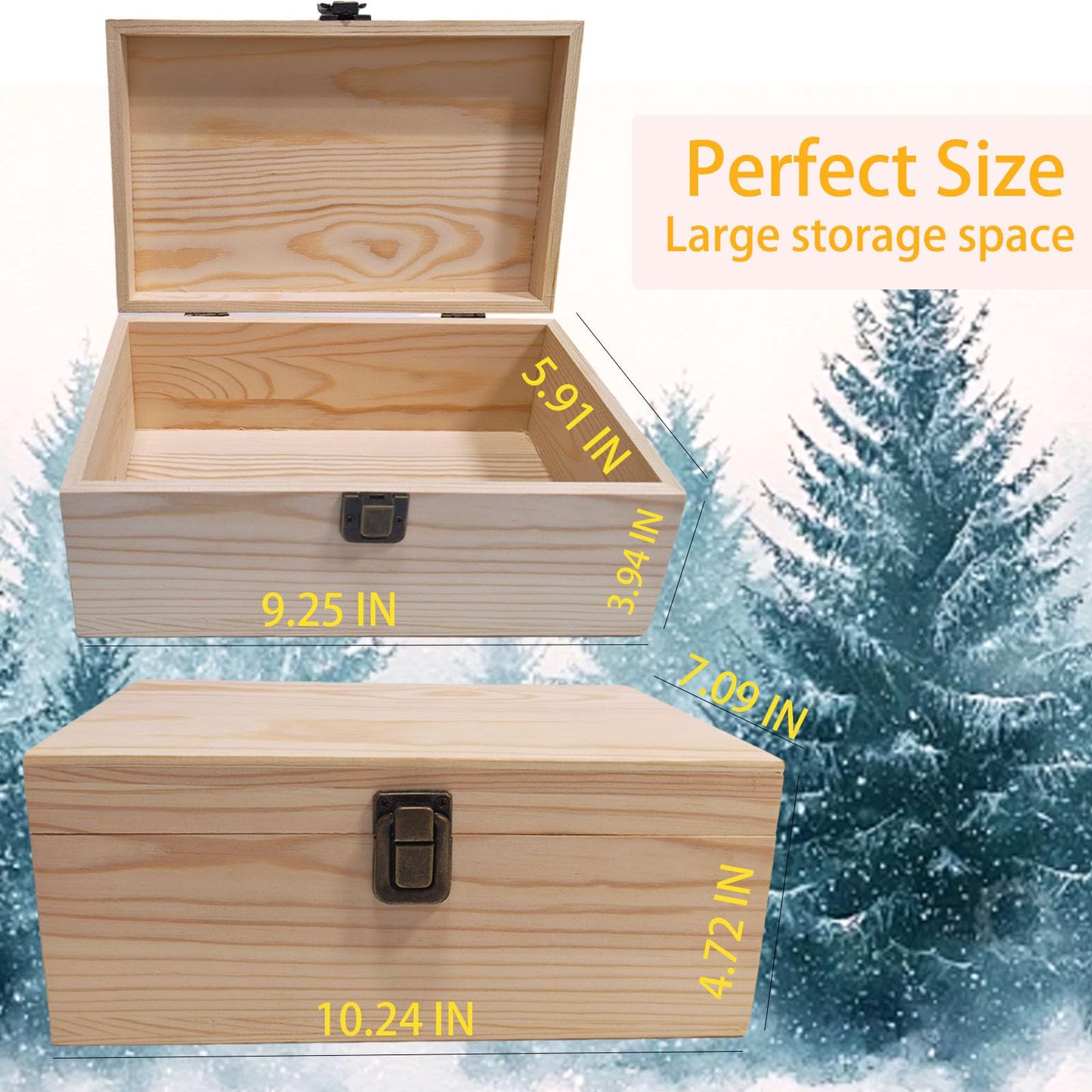 LuckyZoo77 Large Unfinished Wooden Storage Box with Lid & Latch, 2-Pack Pine Wood Craft Boxes with Bonus Small Box for DIY Crafts & Gifts