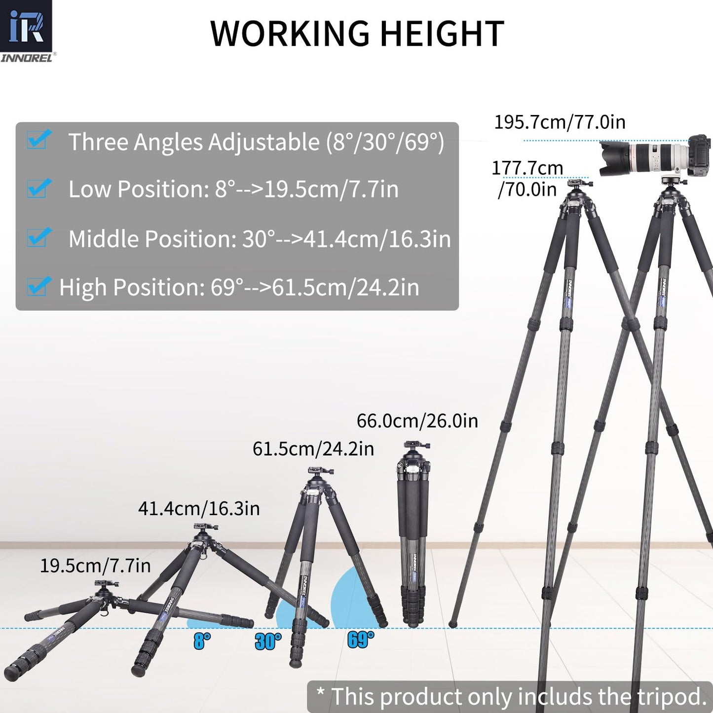 INNOREL Carbon Fiber Tripod for Hunting, 360° Large Ball Head(2.17"), with Arca Swiss Dovetail Mount, 70" Hevy Duty Stable Tripod for Photography and Outdoors, Max Load 77lb/35kg, P364C