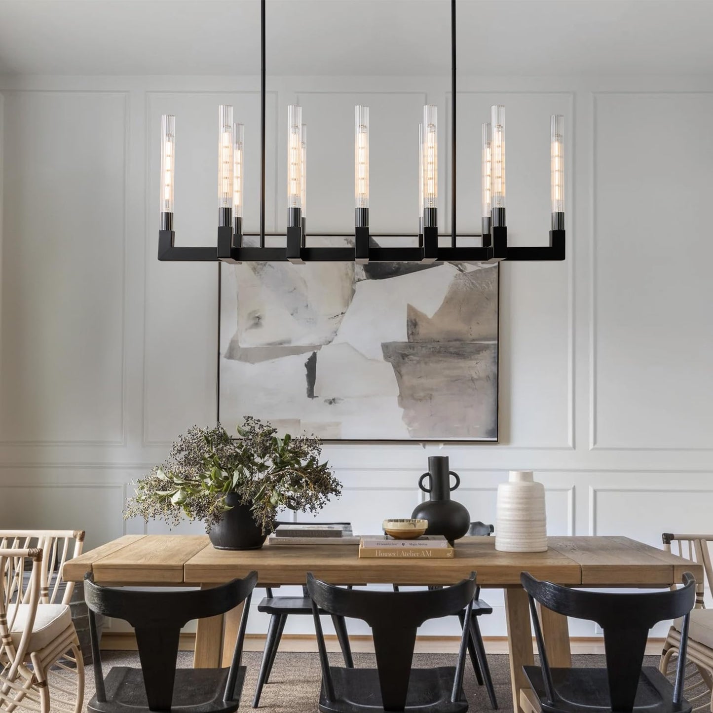 Black Farmhouse Dining Room Chandelier: 54" Modern Linear Rectangle Dining Room Light Fixture - Long Glass Metal Pendant Chandeliers for Kitchen Island - Large Lighting over Kitchen Table Living Rooms