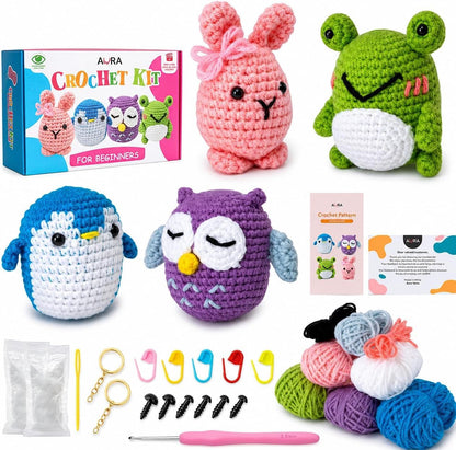 A-URA Learn to Crochet Kit for Beginners Kids and Adults, Premium 4 Animal Pattern Beginner Crochet Kits with Easy Tube Yarn & Step-by-Step Video Tutorials (Forest Friends–Standard Size)