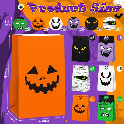 TaoBary Halloween Treat Bags Cute Trick or Goody Bags Halloween Paper Favor Bag with 6 Assorted Designs Stickers for Trick or Goody Birthday Party Event Supplies(30 Pcs)
