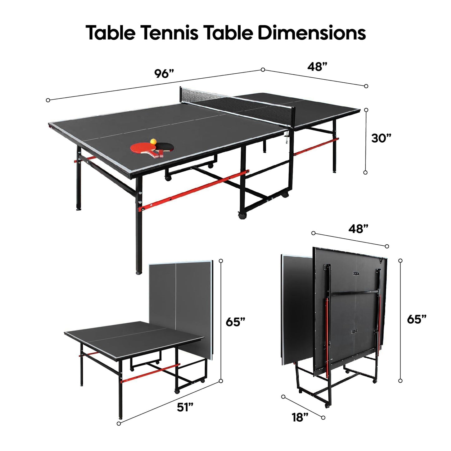 8FT Table Tennis Table with Net, Indoor/Outdoor Professional Ping Pong Table for Kids Adults, Folding Ping Pong Table, Complete Set with Paddles and Balls, School Playground Game Table (Black)