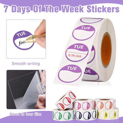 3500 PCS 7 Days of The Week Stickers 0.79 Inch Sticker Roll Dispenser Holder Acrylic Day Dot Dispenser Food Date Labels Stickers Monday to Sunday for Kitchen Restaurant Expiration Date