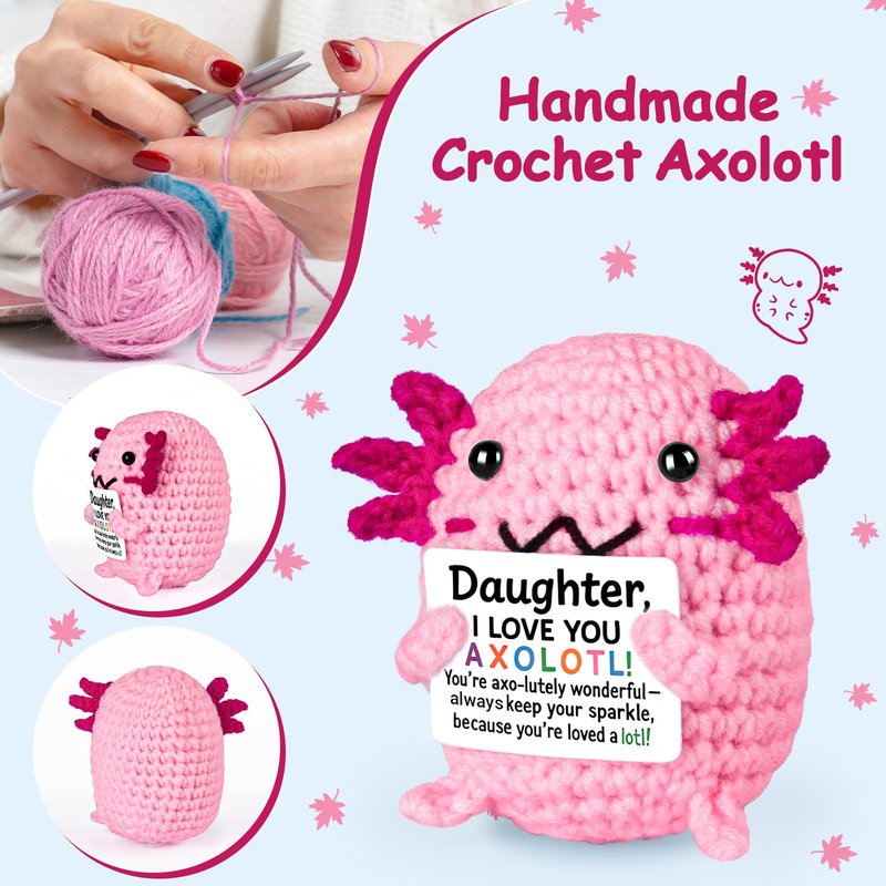 FliipFlaap Positive Crochet Animal Axolotl for Daughter – Cute Handmade Encouragement & Emotional Support Gift from Mom or Dad, Birthday Keepsake Decor, Loving Reminder for Girls