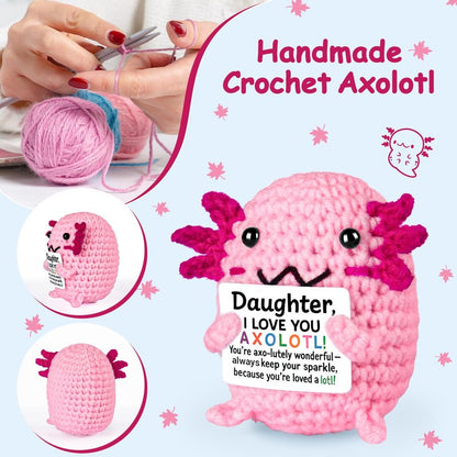 FliipFlaap Positive Crochet Animal Axolotl for Daughter – Cute Handmade Encouragement & Emotional Support Gift from Mom or Dad, Birthday Keepsake Decor, Loving Reminder for Girls