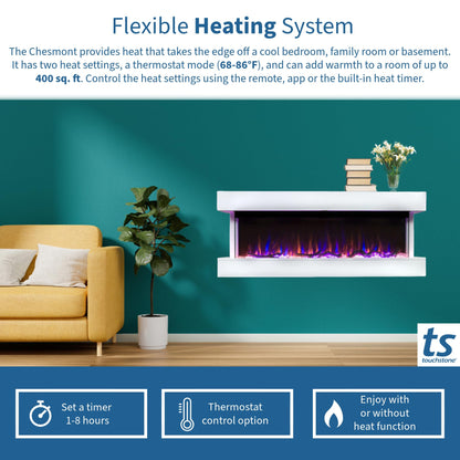 Touchstone Chesmont Smart Electric Fireplace- Wall Hanging Fireplace with 50" Wide White Floating Mantle- Alexa/WiFi Enabled-10 Color-1,500W Heater- Crystals & Driftwood-Model 80033