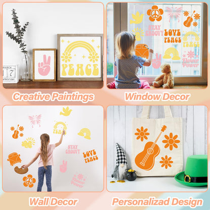 36pcs Groovy Hippie Drawing Stencils for Kids 8 Inch Sidewalk Chalk Stencils Painting Spring Gifts Large Washable Reusable Retro Boho Themed Primary Shape Template for Kids Toddlers Preschool