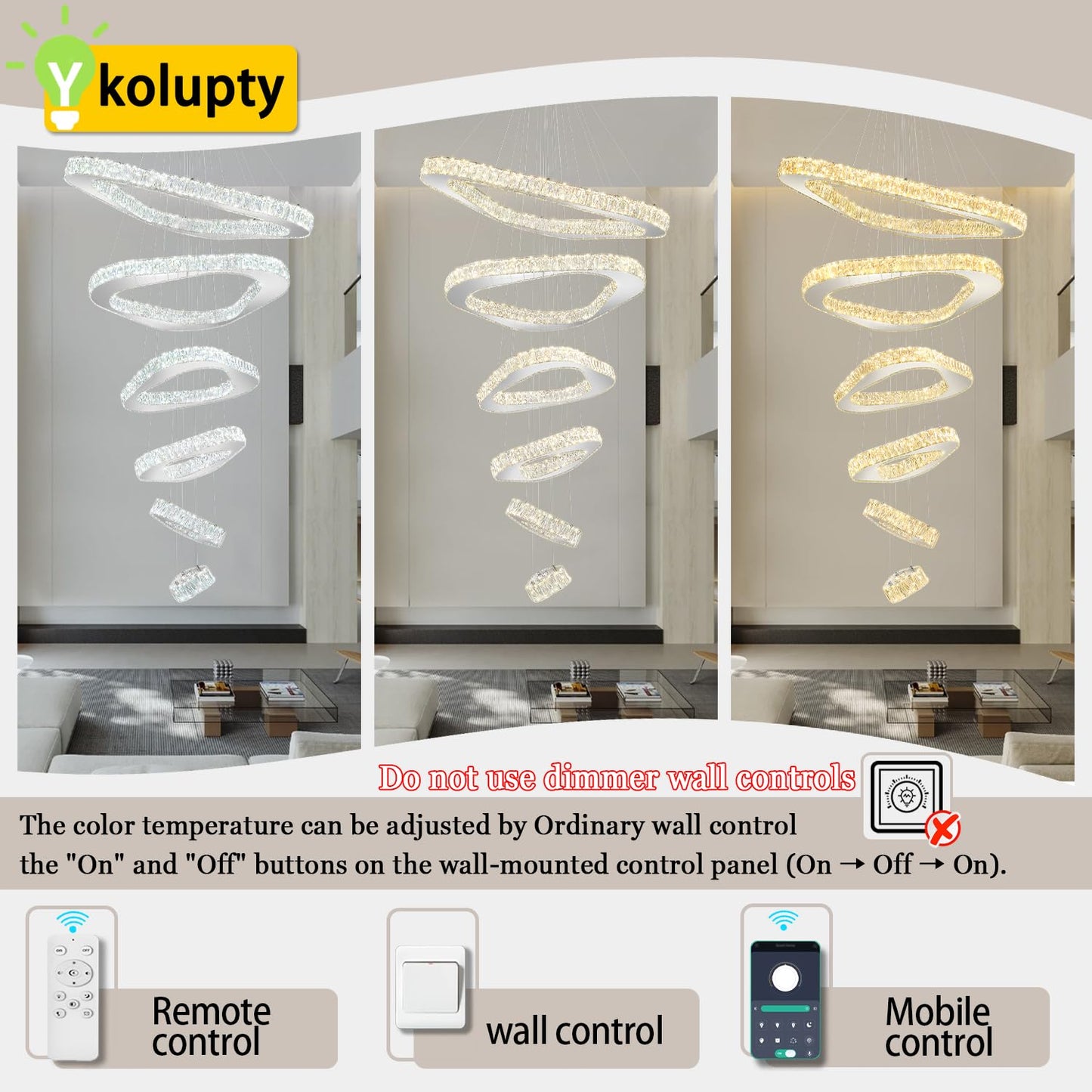 ykolupty H138 Modern Large Chandelier for High Ceiling 6-Rings Chandelier with LED Dimmable Crystal Ring Pendant Light High Ceiling Chandeliers for Living Room Foyer Entryway Silver Hanging Light