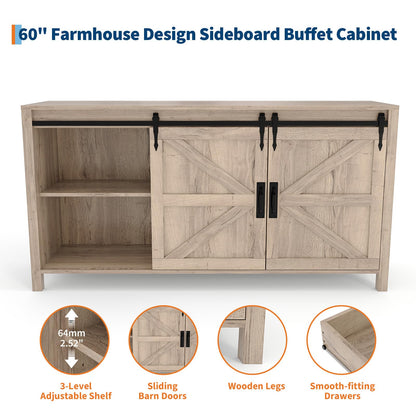 IDEALHOUSE 60" Farmhouse Sideboard Buffet with Storage Drawer & Sliding Barn Doors | Rustic Wood Coffee Bar Cabinet | Multi-Functional for Dining Room Kitchen, As TV Stand & Console Table