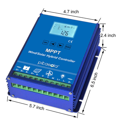 PIKASOLA 1400W Off Grid with Unloader Hybrid Wind Solar Controller Auto 12/24V Battery MPPT Charge Boost Float of max 800w Wind Turbine Generator 600w Solar Panel Home Street Light Controller