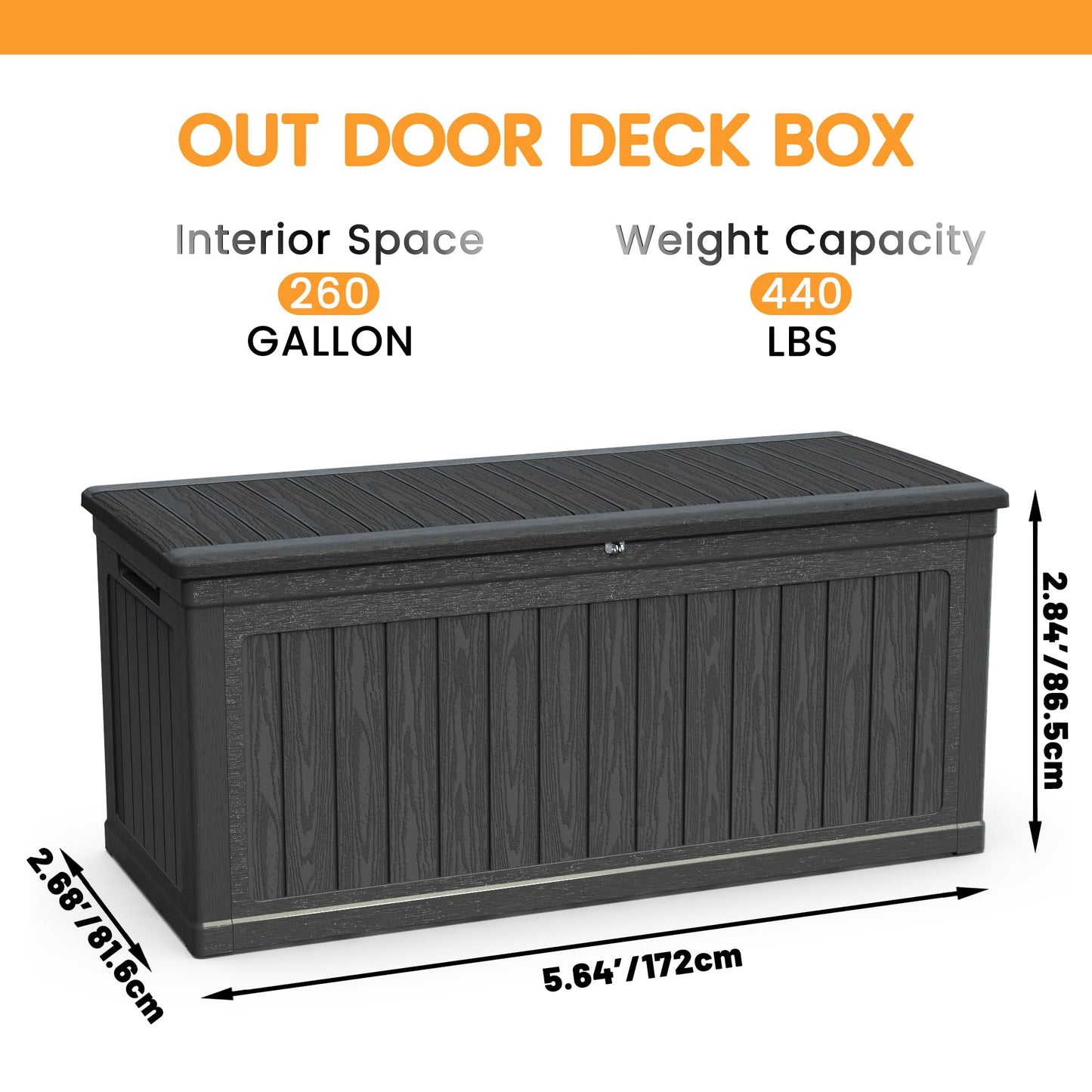 BLUECC Outdoor Deck Box Waterproof, Extra Large Plastic Patio Storage Cabinet with Lockable Black 68"*32"*34"