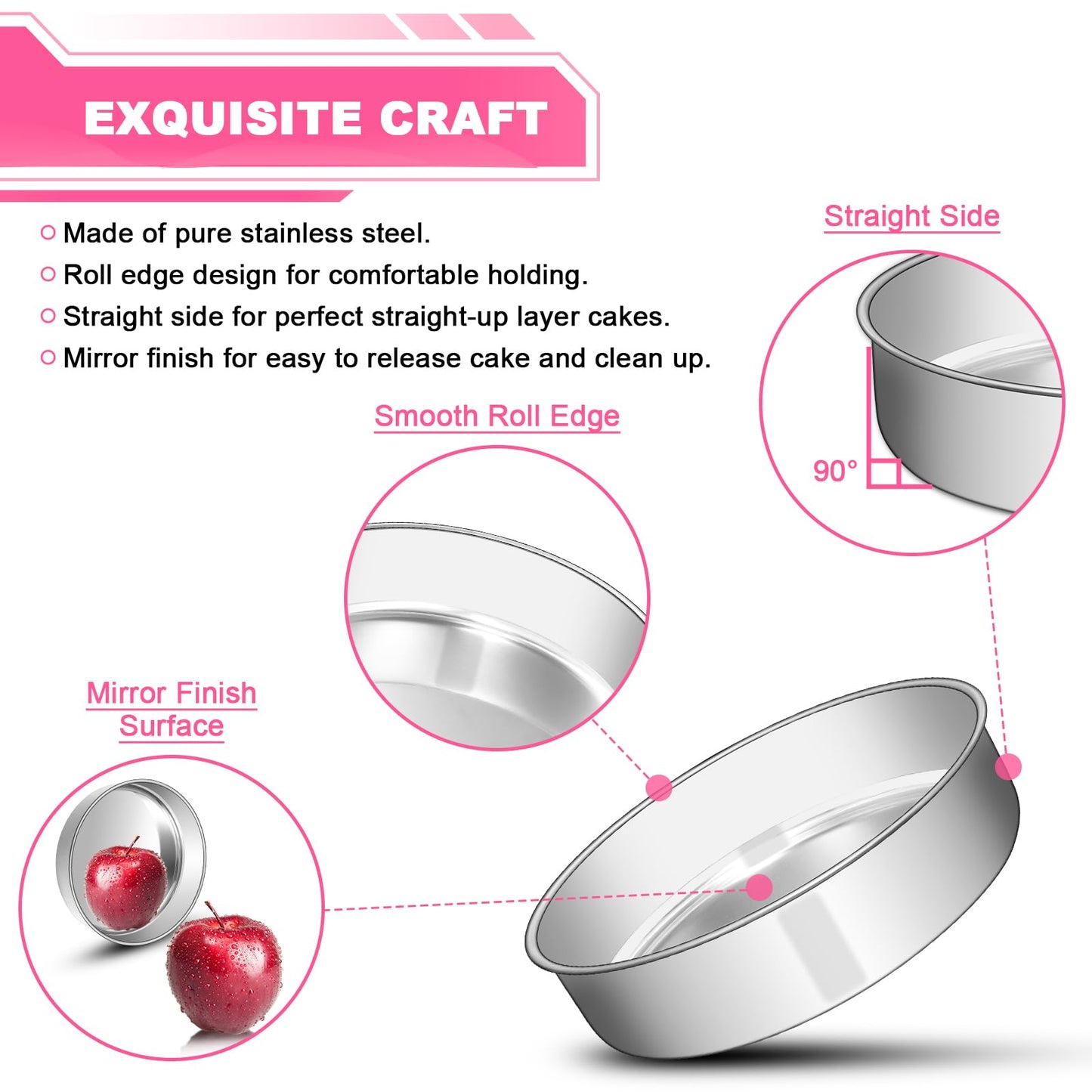 EWFEN 8 Inch Cake Pan Set of 2, Stainless Steel Round Layer Cake Baking Pans Tins, Non-Toxic & Healthy, Leak-proof & Easy Clean & Dishwasher Safe