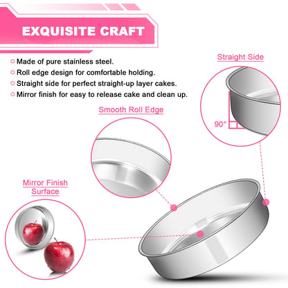 EWFEN 8 Inch Cake Pan Set of 2, Stainless Steel Round Layer Cake Baking Pans Tins, Non-Toxic & Healthy, Leak-proof & Easy Clean & Dishwasher Safe