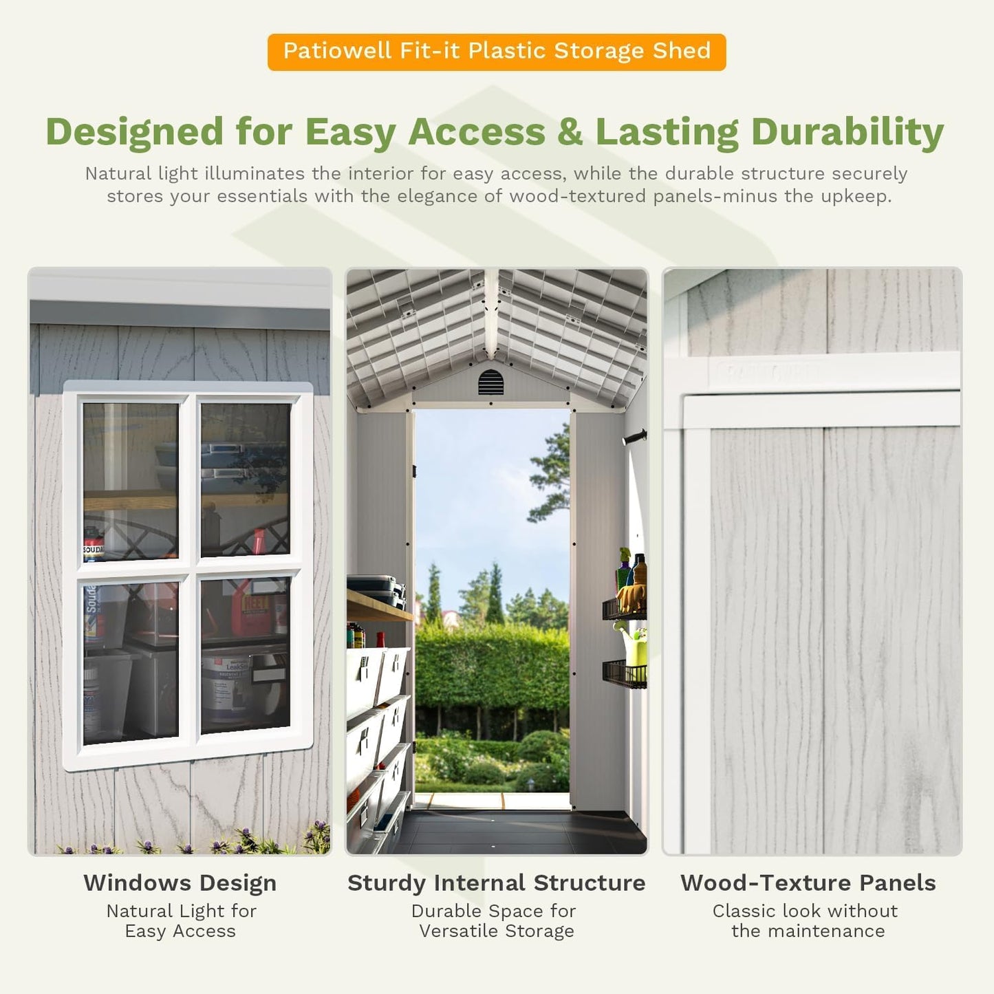 Patiowell 4' x 4' Outdoor Storage Shed with Floor, Plastic Shed Outside Resin Tool Shed with Window and Lockable Door for Backyard Garden Patio Lawn, Dark Grey (Fit-it Shed)