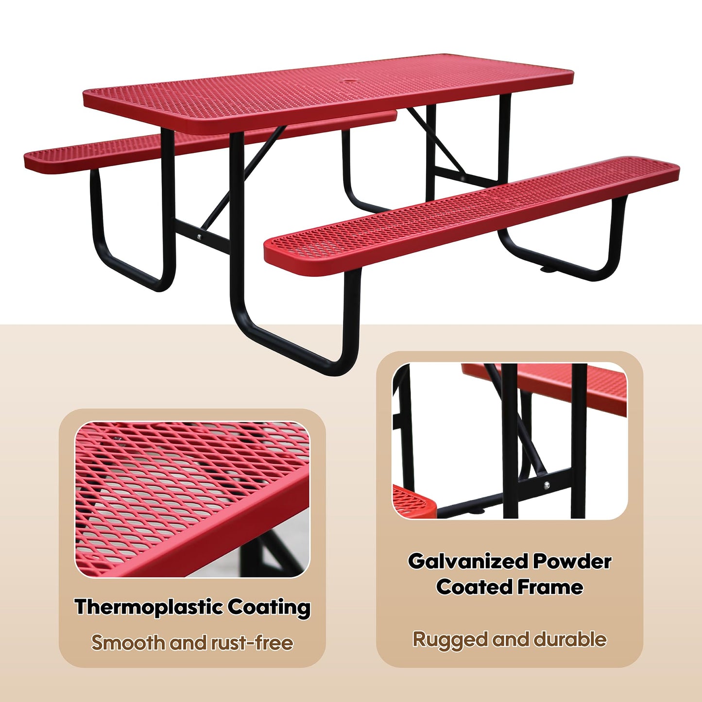 6FT Metal Picnic Tables for Outdoors, Commercial Rectangular Picnic Table and Bench Set for Outside, Patio, Garden, Backyard, Porch, Surface Mount, Red