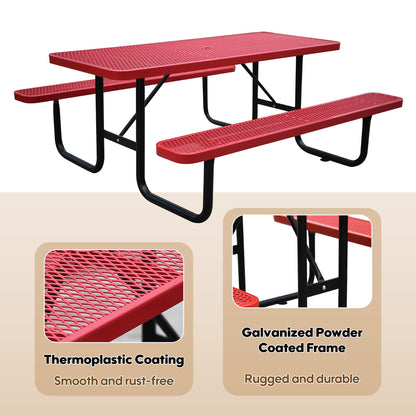 6FT Metal Picnic Tables for Outdoors, Commercial Rectangular Picnic Table and Bench Set for Outside, Patio, Garden, Backyard, Porch, Surface Mount, Red