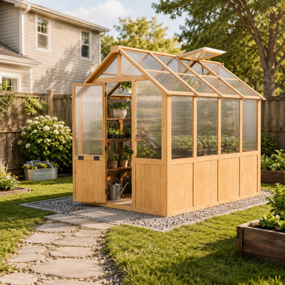 EROMMY 6x8 FT Wooden Greenhouse for Outdoors, Walk-in Greenhouse Kit with 4mm Polycarbonate Panels, Adjustable Roof Vent, Lockable Door, Outdoor Greenhouse for Backyard Garden