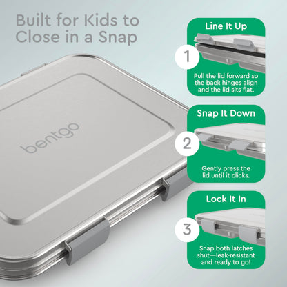 Bentgo Kids Stainless Steel Leak-Resistant Lunch Box - 3-Compartments with Bonus Silicone Container, Durable, Eco-Friendly, Dishwasher Safe, BPA-Free, Ideal for School, Ages 3+ (Silver)