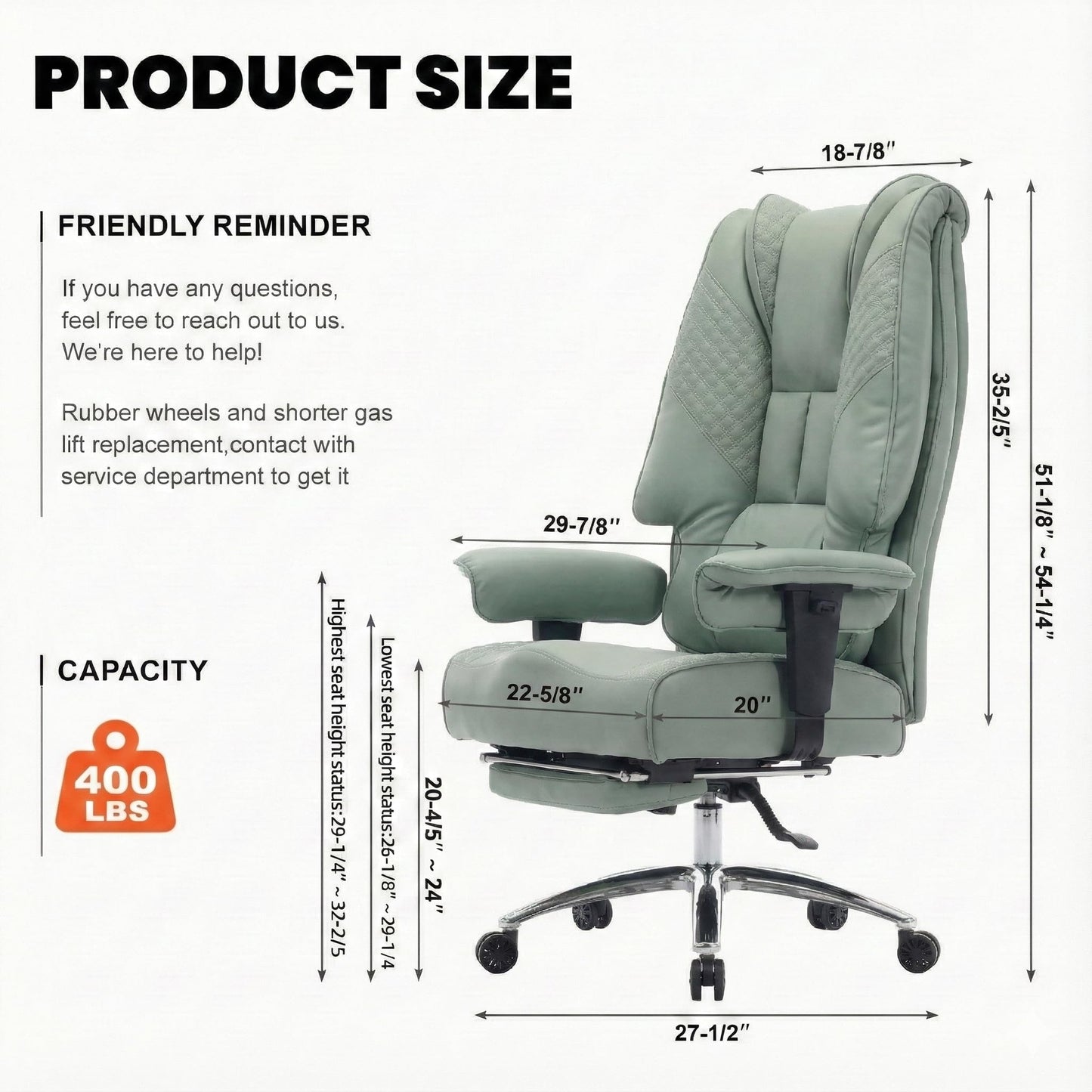 EXCEBET Big and Tall Office Chair 400lbs Wide Seat, Leather High Back Executive Office Chair with Foot Rest, Ergonomic Chairs Lumbar Support for Lower Back Pain Relief (Light Green)
