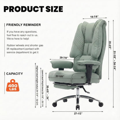 EXCEBET Big and Tall Office Chair 400lbs Wide Seat, Leather High Back Executive Office Chair with Foot Rest, Ergonomic Chairs Lumbar Support for Lower Back Pain Relief (Light Green)