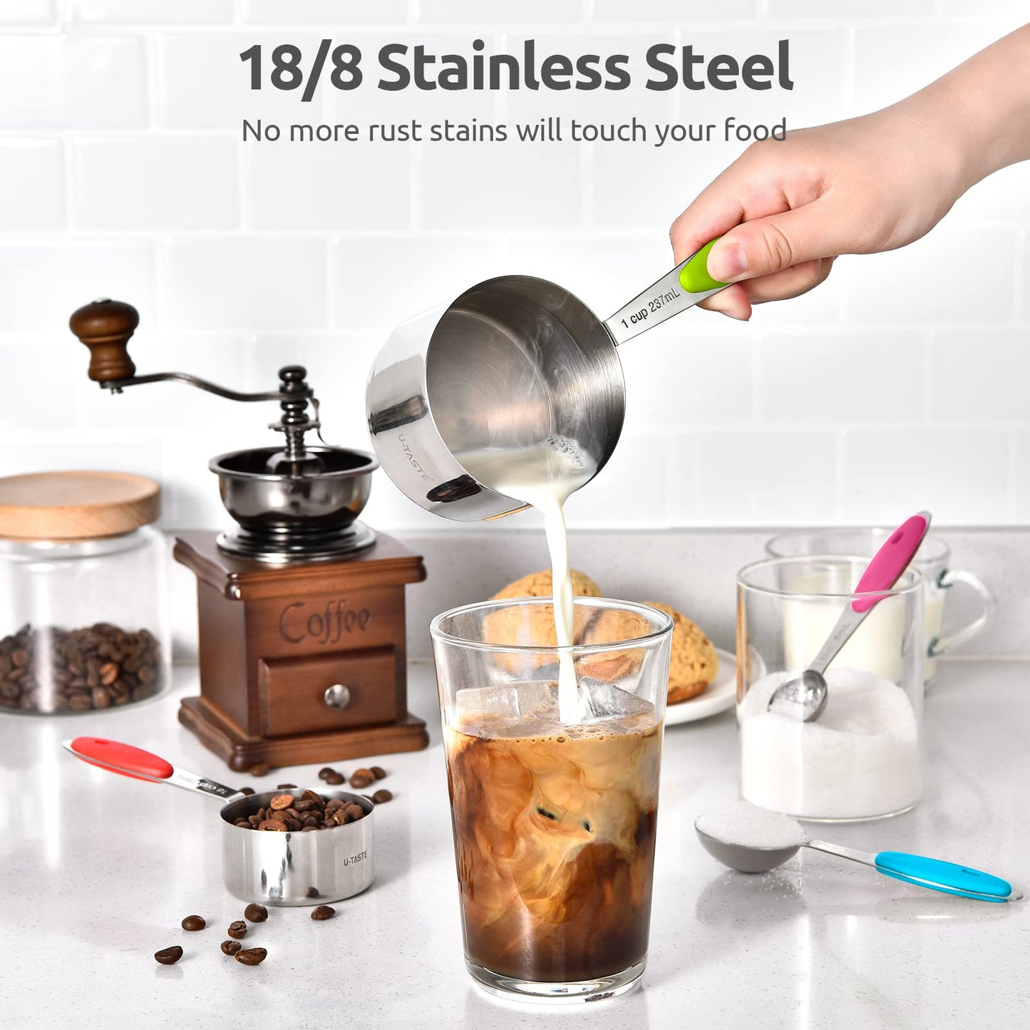 Measuring Cups : U-Taste 18/8 Stainless Steel Measuring Cups and Spoons Set of 10 Piece, Upgraded Thickness Handle (Multicolors)