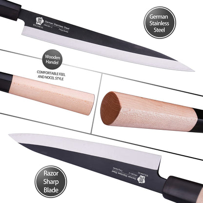 WILDMOK Set of 4 GYUTO Sushi Chef Knives-Yanagiba-Deba-Nakiri-Utility Kitchen Knife, Fish Slicing Filleting Knife Sets with German Steel Blade & Traditional Wooden Handle