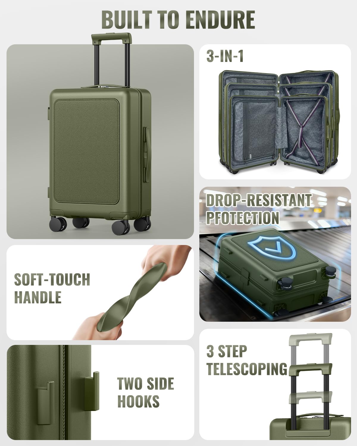 Joyway Luggage Sets 3 Piece with Spinner Wheels, Carry On Luggage 20In with ABS+PC Hardshell, Lightweight Suitcase Set with TSA Lock and Pressure-resistant Frame, 20/24/28 Inch, Green