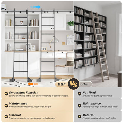 Fredbeck Aluminium Rolling Library Step Ladders 108" with 12FT Sliding Hardware Track Kit for Kitchen,Loft,Warehouses,Bookstore,attic,Metal Black
