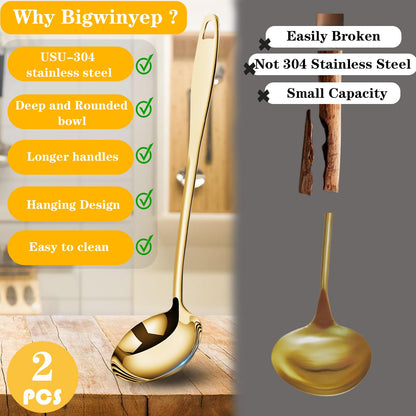 Soup Ladle, 2Pcs Stainless Steel Ladle spoon, 12.2Inch Metal Long Handle Serving Spoon for Cooking Buffet, Party, Kitchen, Gold